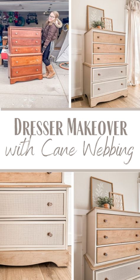 Dresser Makeover using Cane Webbing Wicker Drawers Makeover, Add Cane To Cabinet, Cane Furniture Makeover, Wicker Dresser Makeover, Cane Dresser, Broken Dresser, Paneling Makeover, Drawer Paper, Pine Trim