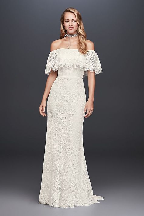 This allover lace sheath dress features an off-the-shoulder flounce and scalloped hem edged in soft and fringy eyelash lace.  Galina, exclusively at David\'s Bridal  Removable grosgrain sash Polyester Lace Wedding Dress Off Shoulder, Galina Wedding Dress, Wedding Dress Off Shoulder, How To Dress For A Wedding, Sheath Wedding Dress Lace, Petite Wedding Dress, Davids Bridal Wedding Dresses, Boda Mexicana, Dress Off Shoulder