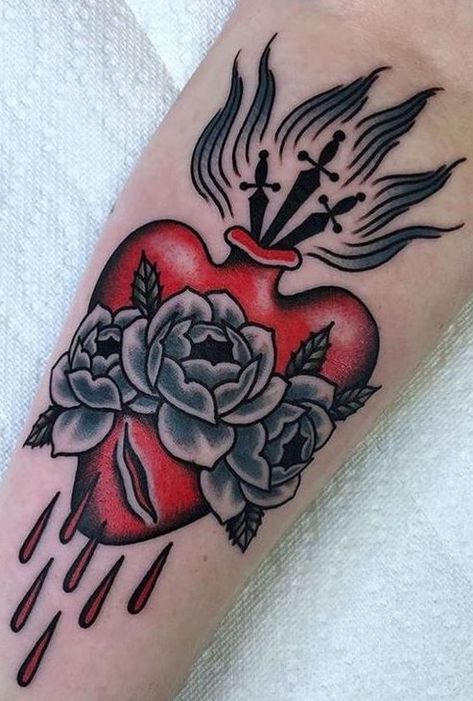 Heart In Hand Tattoo, Hand Tattoo Meaning, Sacred Heart Tattoo, Traditional Heart Tattoos, Heart In Hand, Mastectomy Tattoo, Sacred Heart Tattoos, Tattoo Old School, Heart Tattoos