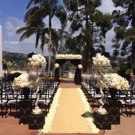 Wedding ceremony - black and gold - Blush Botanicals - sdweddingsbygina - luxury wedding flowers - decor - arch - chuppa - canopy - Gold Beach Wedding, Beach Wedding Black, White Wedding Ceremony, Beach Wedding White, Black Gold Wedding, Blush Wedding Flowers, Beach Wedding Flowers, Wedding Ceremony Flowers, Beach Wedding Decorations