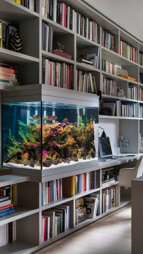 Innovative Bookshelf Aquarium Design Ideas Aquarium In Bookshelf, Built In Aquarium Bookshelf, Fish Tank Bookcase, Bookshelf Fish Tank, Home Aquarium Aesthetic, Built In Aquarium, Interior Aquarium, Home Aquarium Ideas, Aquarium Design Ideas