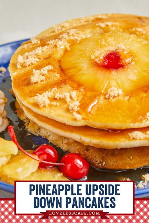 Turn two sweet favorites into one with Pineapple Upside Down Pancakes! Caramelize a pineapple ring on your griddle, top with a maraschino cherry, and then cook with pancake batter on top! Serve to your liking for a sweet and unique breakfast! unique brunch recipe, unique breakfast recipe, pineapple upside down pancakes, sweet breakfast ideas, pancake recipes Fun Pancake Recipes, Pineapple Upside Down Pancake Recipe, Pineapple Upside Down Pancakes, Sweet Breakfast Ideas, Cafe At Home, Unique Breakfast, Pineapple Ring, Loveless Cafe, Best Pancake Recipe