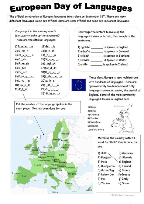 European Day of Languages - English ESL Worksheets International Language Day, European Day Of Languages, Europe Language, English For Students, Europe Day, Teaching Reading Comprehension, German Language Learning, European Languages, Classroom Language