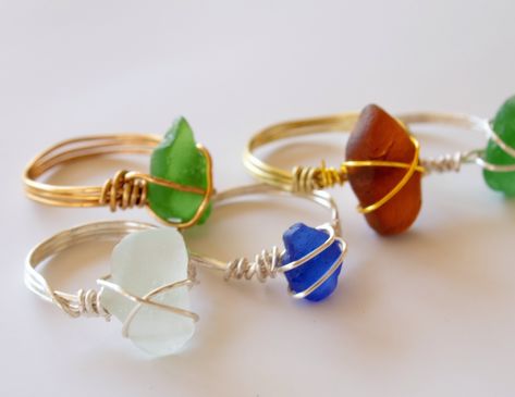 Wire Wrapped Sea Glass Ring, Seaglass Ring Diy, Sea Glass Ring Diy, Seaglass Jewelry Diy, Wire Wrapped Sea Glass Jewelry, Seaglass Pendants, Seaglass Rings, Seaglass Ideas, Seaglass Crafts