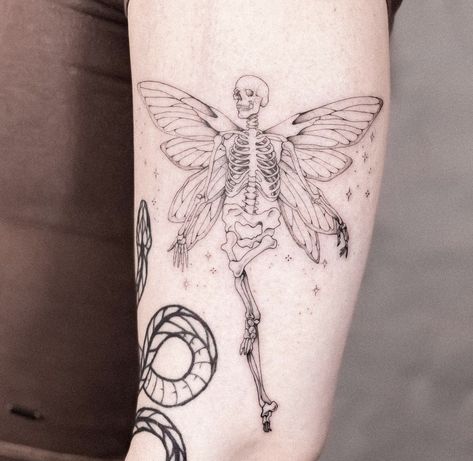 Spooky Whimsical Tattoo, Skeleton Patchwork Tattoo, Dainty Skeleton Tattoo, Dark Fairy Tattoo Designs, Ignorant Tattoo, Skeleton Fairy, Tattoo Fairy, Birthday Tattoos, Pixie Tattoo