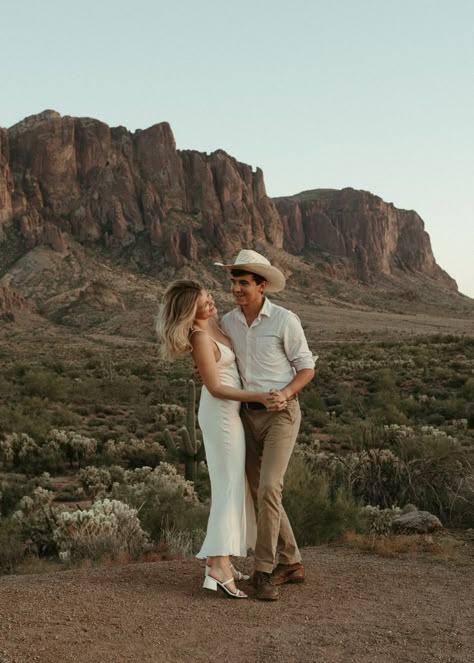 engagement photos at sunset - superstition mountains AZ Superstition Mountains Photoshoot, Dessert Engagement Photos, Tucson Engagement Photos, Sedona Engagement Pictures, Arizona Proposal, Arizona Engagement Shoot, Saguaro National Park Engagement Photos, Engagement Photos Desert, Sedona Arizona Engagement Photos