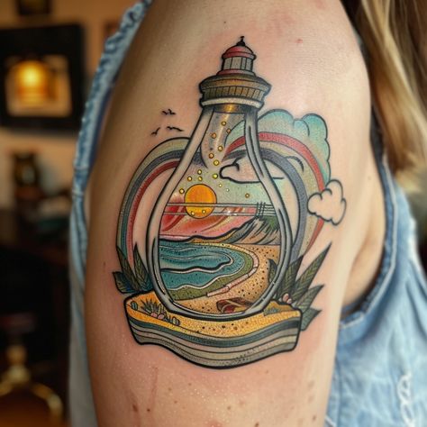 Encapsulating the charm of a serene coastal scene, the tattoo features a picturesque sunset beach inside a glass bottle, symbolizing the beauty and Whimsical Tattoos, Abstract Tattoos, Upper Back Tattoos, Create A Tattoo, Rum Bottle, Bottom Of The Bottle, Japanese Dragon, Beacon Of Light, Fish Swimming