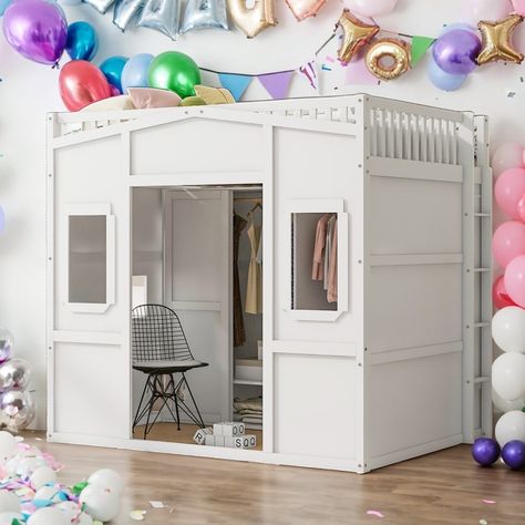 Full Size House Loft Bed With Ladder and Wardrobe, Stability, White - Bed Bath & Beyond - 40881953 House Loft Bed, Full Size Loft Bed, Bed With Wardrobe, Bed With Ladder, Loft Bed Frame, House Loft, Full Bed Frame, Birthday Stuff, Decorating Styles