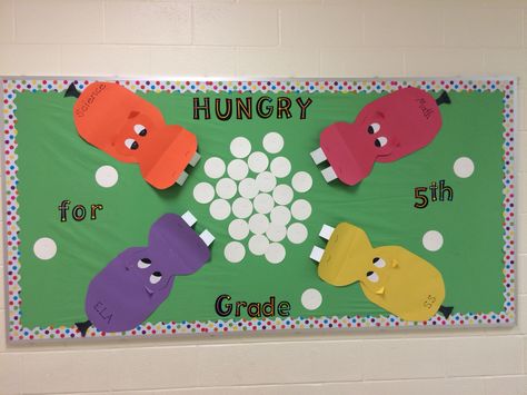 Hungry, Hungry Hippos bulletin board for grade level board game theme Hungry Hippo Bulletin Board, Camping Theme Games, Hippo Template, Cafeteria Bulletin Boards, Hungry Hungry Hippos, Creative Bulletin Boards, Board Game Themes, Bulletin Boards Theme, Library Themes