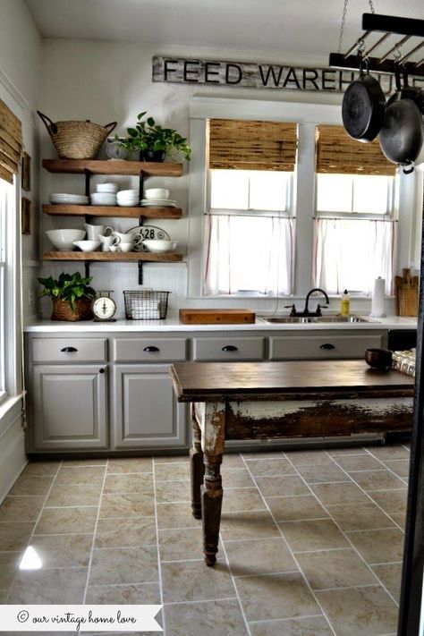 Farmhouse Kitchen Inspiration - 10 Kitchens that have Fixer Upper style Farmhouse Kitchen Cupboard Ideas, Rustic Kitchen Cabinets Farmhouse Style Vintage Open Shelves, Country Kitchens Farmhouse Rustic, Open Kitchen Cabinets Ideas, Anne Sloan, Dapur Rustic, Old Farmhouse Kitchen, Koti Diy, Lower Cabinets