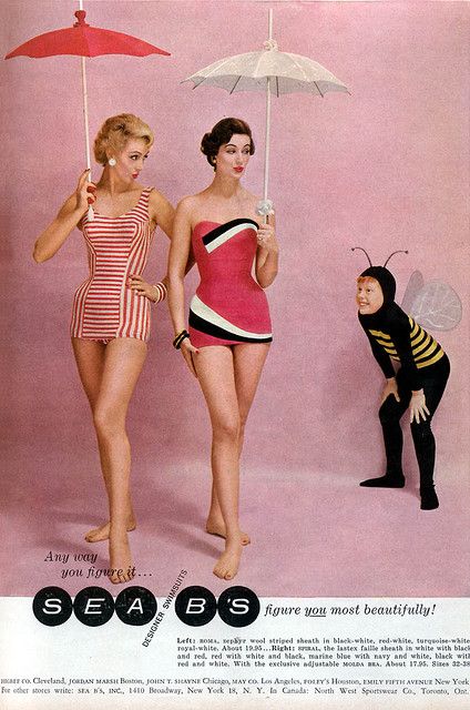 I WANT THESE BATHING SUITS-and I wish I wouldn't get looks for carring a parrisol 1950s Swimwear, Vestidos Pin Up, Vintage Bathing Suits, Vintage Swim, Women Bathing, Glamour Magazine, Fashion 1950s, Vintage Swimwear, Vintage Swimsuits