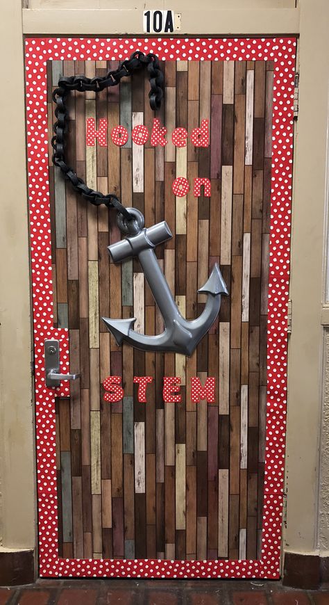 Pirate themed STEM classroom door Pirate Ship Door Decorations Classroom, Pirate Decorations Classroom, Pirate Door Decoration, Pirate Door Decorations Classroom, Pirate Bulletin Board Ideas, Pirates School Theme, Pirate Door, Pirate Theme Classroom, Nautical Classroom Theme