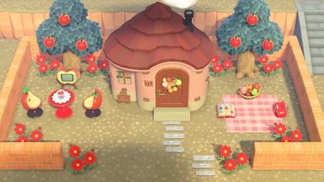 Acnh Apples House, Acnh Apple Yard, Acnh Ruby Yard, Cherry Acnh Yard, Animal Crossing Apple House, Acnh Villager Yard Ideas Fairycore, Acnh Apple House, Apple Acnh, Acnh Characters