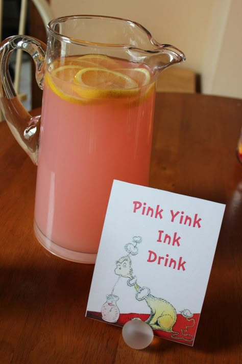 Dr Seuss-themed party food - clever ideas! Pink Ink Drink Dr Seuss, Dr Seuss Drinks, Dr Seuss Inspired Snacks, Dr Suess Gender Reveal Party, Dr Seuss Gender Reveal Ideas, Dr Seuss Themed Food, Dr Seuss Gender Reveal, Dr Seuss Food Ideas, Seuss Snacks