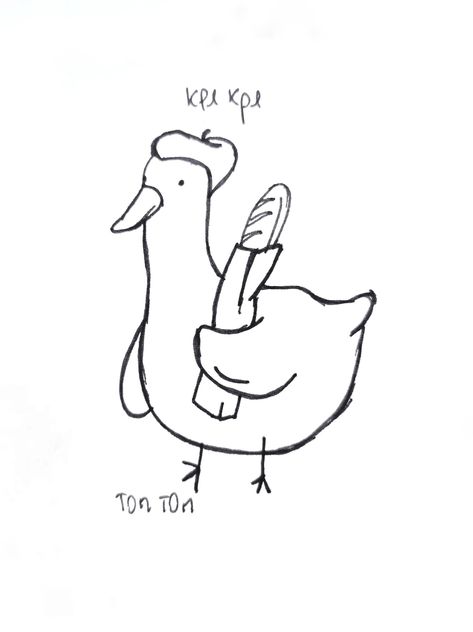 Duck Bread Drawing, French Duck Drawing, Duck With Cowboy Hat Tattoo, Duck With Baguette, Duck Line Drawing, Cute Duck Sketch, Duck Drawing Simple, Ducks Sketch, Duck Drawing Sketches