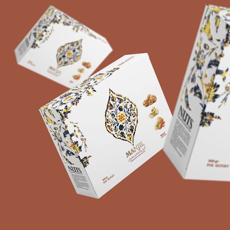 Taha Fakouri Creat New Nuts Packaging Design, Manjil Nuts - World Brand Design Nuts Packaging Design, Nuts Packaging, Sweet Box Design, Traditional Flowers, Biscuits Packaging, Perfume Box, Boxes Packaging, Consumer Packaging, Bakery Packaging