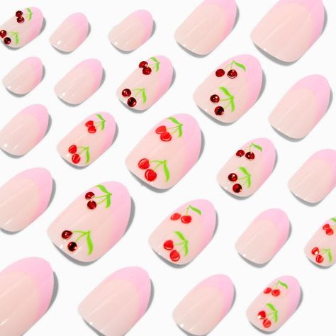 Pink French Tip Cherry Bling Stiletto Press On Faux Nail Set - 24 Pack Press On Nails From Claires, Claire's Fake Nails, Claire's Nails, Pink French Tip, Crown Hair Clip, Sensitive Ears Earrings, Piercing Kit, Flower Crown Hairstyle, Pink French