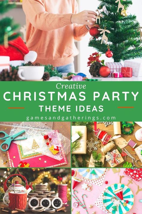 5 images of creative Christmas parties with the text "Creative Christmas Party Theme Ideas" and "gamesandgatherings.com." Christmas Themes Ideas Party, Fun Christmas Party Themes, Christmas Party Theme Ideas, Christmas Party Theme, Tree Trimming Party, Christmas Party Activities, Christmas Party Crafts, Christmas Tree Trimming, Party Theme Ideas