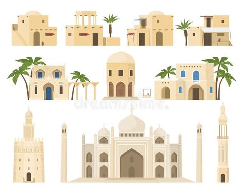 Traditional Arabic houses set vector flat illustration ethnic Islamic architecture facades vector illustration Islamic Architecture House, Arabic Arch, Wedding Illustration Card, Architecture Journal, 50th Wedding Anniversary Invitations, Ancient Village, Set Design Theatre, Ancient Buildings, Traditional Building