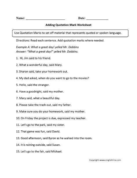 Punctuation Worksheets | Quotation Mark ... Quotation Marks Worksheet, Teaching Suffixes, Punctuating Dialogue, Personal Pronouns Worksheets, Teaching Prefixes, Punctuation Worksheets, Speech Marks, English Grammar Worksheets, English Worksheets For Kids