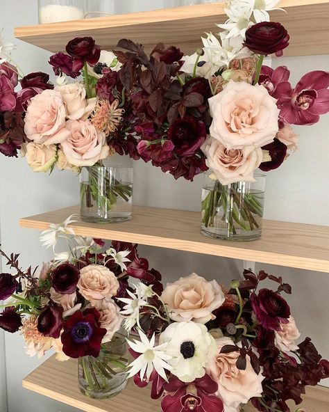 Moody Pink Wedding Flowers, Moody Floral Arrangements Wedding, Dark Fall Wedding Flowers, Moody Chic Wedding, Maroon Floral Arrangements, February Wedding Florals, Dark And Moody Floral Arrangements, Burgundy Wedding Florals, Maroon Flower Arrangements