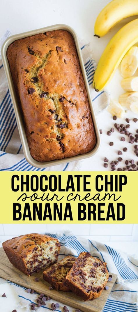 Sour Cream Banana Bread, Chocolate Chip Banana Bread Recipe, Banana Bread Recipe Moist, Healthy Bread Recipes, Chocolate Chip Bread, Sour Cream Recipes, Moist Banana Bread, Easy Banana Bread Recipe, Chocolate Chip Banana