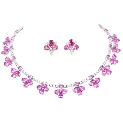 Ella Gafter Pink Sapphire And Diamond Flower Necklace Earrings Set Diamond Necklace And Earrings Set, Diamond Flower Necklace, Pink Diamond Jewelry, Sapphire Diamond Necklace, Titanic Jewelry, Fantasy Closet, Flower White, Blue Sapphire Diamond, White Gold Necklaces