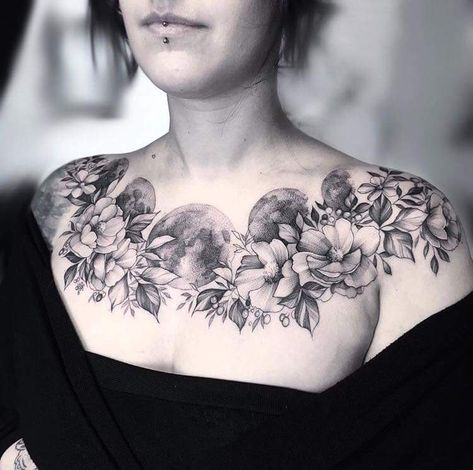 Floral Skull Chest Tattoo, Halloween Chest Piece Tattoo, Horror Collar Bone Tattoo, Wiccan Chest Tattoo, Neck Tattoos Women Color, Full Upper Back Tattoo Women, Wolf Chest Tattoo Female, Gothic Shoulder Tattoos For Women, Nature Chest Tattoo Female