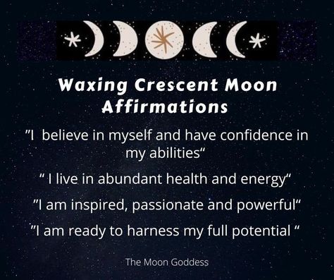 Waxing Crescent Affirmation, Waxing Crescent Moon Affirmation, Waxing Moon Affirmations, Waxing Crescent Moon Ritual, Aphrodite Worship, Moon Grimoire, Moon Phases Meaning, Ritual Spells, Moon Affirmations