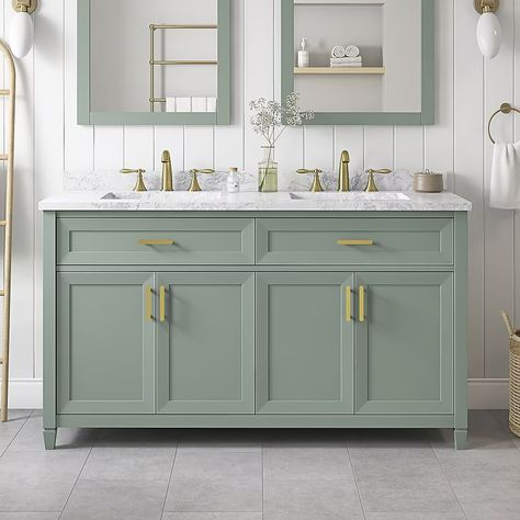 Bathroom Double Sink Vanity, Double Sink Bathroom Ideas, Light Green Bathrooms, Shaker Bathroom Vanity, Mint Green Bathrooms, Bathroom Double Sink, Blue Green Bathrooms, Bathroom Remodel Plans, Green Bathroom Vanity