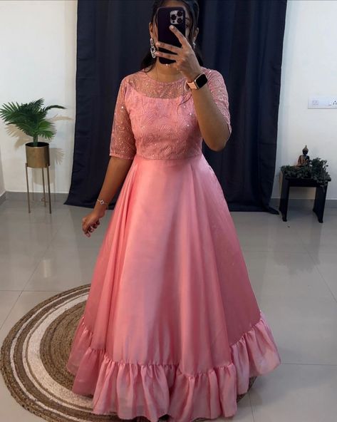 Exclusive arrival 💗 DM US FOR ORDER 7997018094 RATE 999/- Dream in Pastel Pink! 💕✨ Elevate your style with this stunning pastel pink party wear gown Dress is made of classy shinning rangoli fabric and yoke part front and back side butterfly net with beautiful embroidery and sequence work . It features an elegant style, a boat neckline and this designer outfit look perfect party wear for this season! Material: classy rangoli double shade fabric Complete crepe linning material Flair: ... Crepe Fabric Dress Style, Net Dresses Design Ideas, Pastel Pink Party, Crepe Gown Styles, Net Dress Design, Side Butterfly, Butterfly Net, Party Wear Gown, Designer Outfit