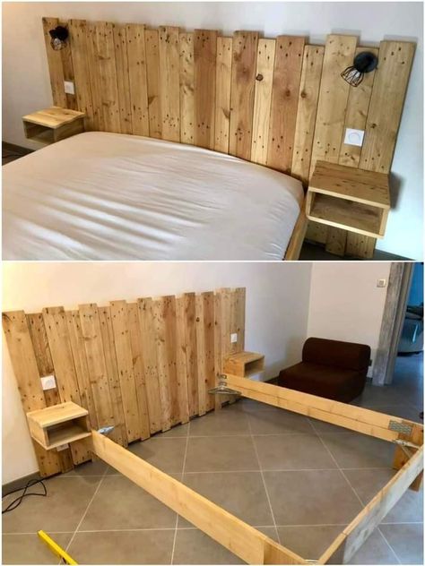 Wood Pallet Bed Frame, Diy Headboard Wooden, Wooden Pallet Beds, Pallet Headboard Diy, Diy Wood Headboard, Rustic Bed Frame, Pallet Bed Frame, Wooden Pallet Crafts, Dream House Bedroom