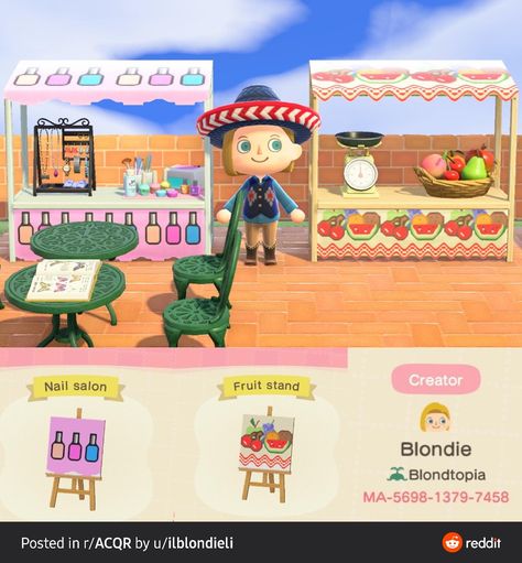 Acnh Farmers Market Stall Design, Acnh Nail Salon, Acnh Fruit Stand, Animal Crossing Food Stalls, Acnh Stall Custom, Acnh Dump, Sailor Moon Blanket, Codes Acnh, Hair Salon Interior Design