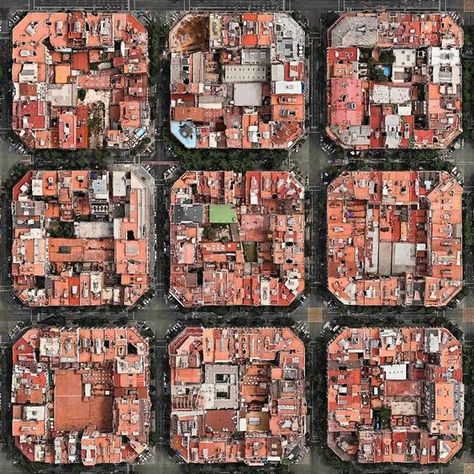 Classical Eixample Cerdà grid with the interior courtyards chaotically parcelled to gain the maximum buildable area City Grid, Genius Loci, Barcelona City, Top Architects, Urban Fabric, Space Pictures, Aerial Photo, Urban Planning, Birds Eye View