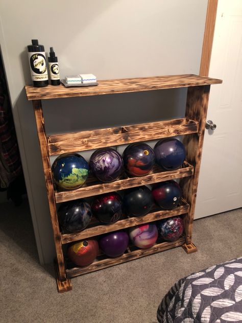 Diy Bowling Ball Rack, Bowling Ball Storage Ideas, Bowling Ball Rack, Diy Rack, Trophy Case, Banquet Ideas, Core Memories, Ball Storage, Bowling Balls