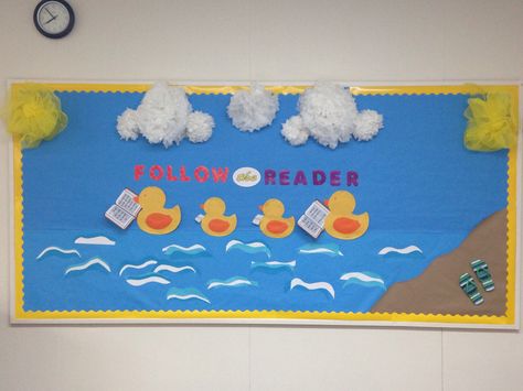 Spring Rubber Duck Bulletin Board Rubber Ducky Classroom, Duck Theme Classroom Decor, Rubber Duck Classroom Theme, Duck Bulletin Board Ideas, Duck Bulletin Board, Farm Library, Duck Decorations, Sunday School Themes, School Hallway Decorations