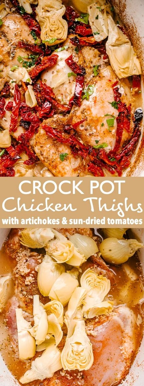 Chicken And Artichokes, Crock Pot Chicken Thighs, Crock Pot Chicken Recipe, Chicken With Artichokes, Easy Crock Pot Chicken, Crockpot Chicken Thighs, Chicken Thighs Recipe, Thighs Recipe, Chicken Thigh Recipes Oven