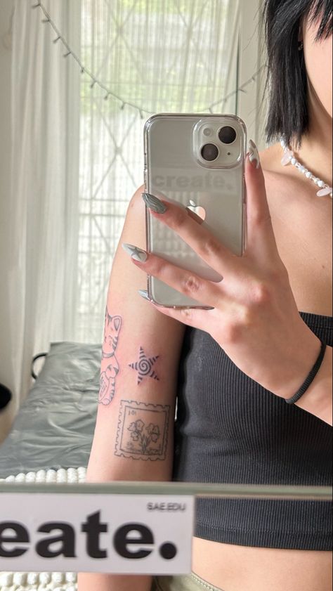 tattoo inspo ideas star manekineko tattoo lucky cat stamp tattoo flowers spiral tattoo cool aesthetic iphone Stars And Spirals Aesthetic, Spiral Back Tattoo, Cat Stamp Tattoo, Spiral Star Tattoo, Lucky Star Tattoo, Tattoo Designs Cute, Spiral Tattoo, Lucky Cat Tattoo, Cool Tattoos For Girls