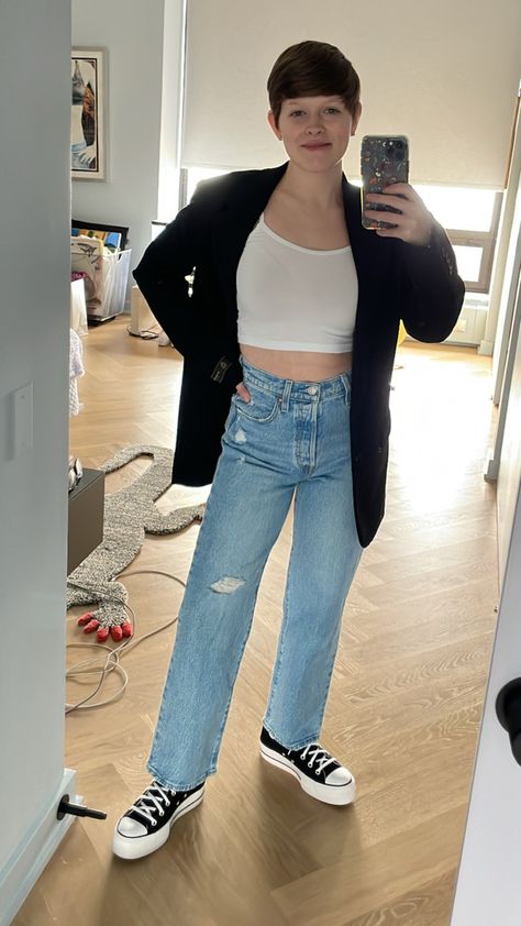 White scoopneck spaghetti strap cropped tank, black oversized blazer, light blue rip straight jeans, black hightop platform converse Hightop Platform Converse, Platform Converse, Spring Fits, Oversized Blazer, Jeans Black, Crop Tank, Straight Jeans, High Tops, Spaghetti Strap