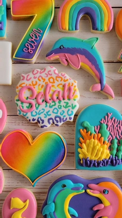 Rainbow High Cookies, Lisa Frank Dolphin Birthday Party, Lisa Frank Cookies, Lisa Frank Dolphin, Dolphin Birthday Parties, Dolphin Cakes, Birthday Sleepover, Cookie Decorations, Random Products