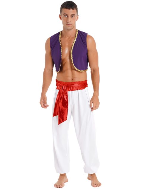 PRICES MAY VARY. Mens Halloween Costume Role Play Stage Performance Outfit Sequin Trim Waistcoat with Belted Pants Made of soft fabric, breathable, skin-friendly, comfy to touch and wear, makes you feeling well Open front waistcoat with sequined braid trim, color block belted pants, comfy elastic waistband Perfect for costume ball, theme party, Halloween, role play, carnival, stage performance, and etc Please check the size clearly before purchasing, hand wash cold recommend Set Include: 1x Wais Genie Costume Men, Men’s Hot Halloween Costumes, Rave Costumes Men, Greek Goddess Costume Men, Frat Party Halloween Costumes, Unique Halloween Costumes Men, Boy Halloween Costumes College, Male Costume Design, Halloween Costumes Men Ideas