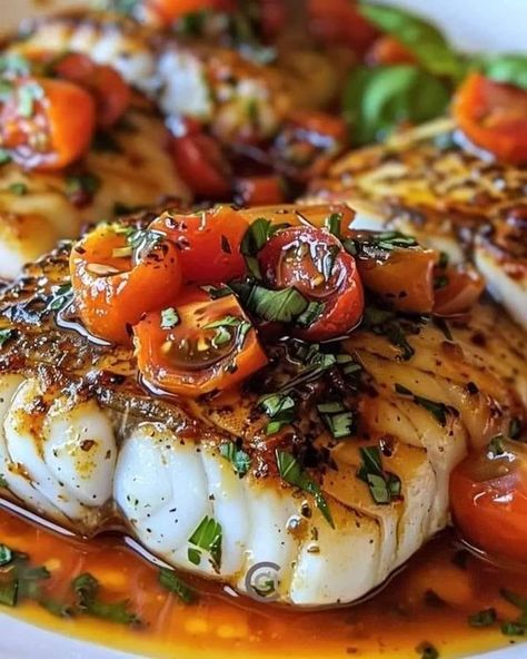 Pan Seared Cod, Mediterranean Cod, Seared Cod, Mediterranean Recipe, Cod Fish Recipes, Martha Stewart Recipes, Tomato Basil Sauce, Ina Garten Recipes, Basil Sauce