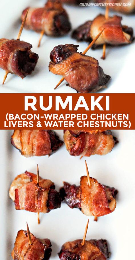 Rumaki (Bacon Wrapped Chicken Livers) - Granny's in the Kitchen Bacon Wrapped Chicken Livers, Sweet Soy Glaze, Chicken Liver Recipes, Soy Glaze, Fancy Appetizers, Delicious Appetizers, Liver Recipes, Bite Size Appetizers, Wrapped Chicken