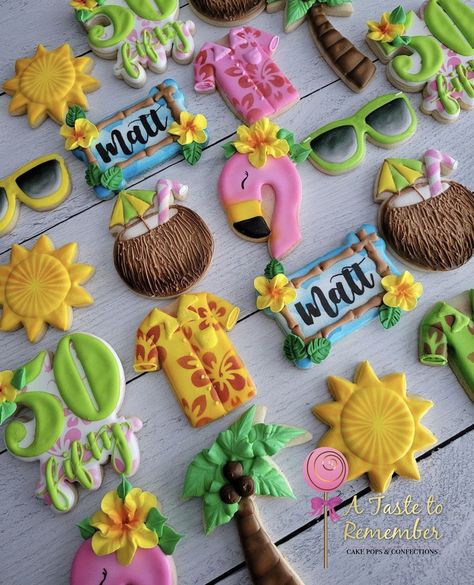 Tropical Theme Cookies, Margaritaville Cookies, Hawaii Cookies Decorated, Hawaiian Birthday Cookies Decorated, Jimmy Buffet Cookies Decorated, Summertime Cookies, Tiki Cookies Decorated, Hawaiian Cookies, Cookie Techniques