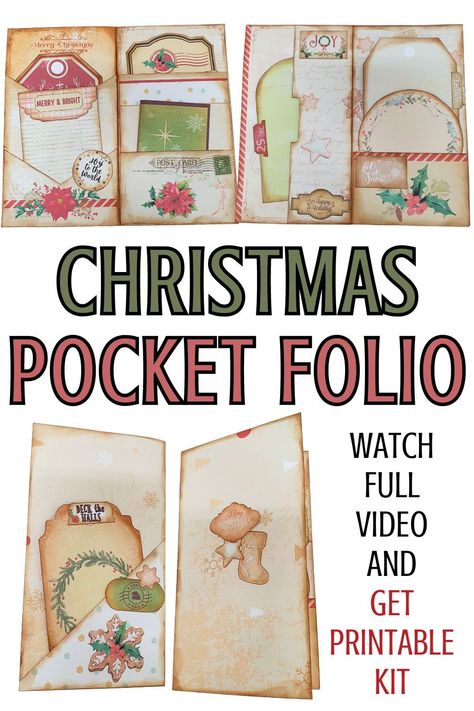 Make a Christmas pocket folio for your holiday photos. Get a printable kit to create this fun DIY pocket folio full of Christmas embellishments and holiday spirit Scrapbooking Templates Printable, Christmas Folio Tutorial, How To Make Folios, Pocket Scrapbooking Ideas, Folio Design Ideas, Folio Ideas, Craft Fair Vendor, Diy Christmas Paper, Halloween Mini Albums