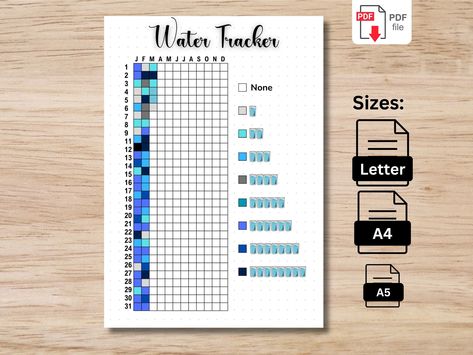 Printable Water Tracker, Yearly Tracker, Letter Journal, Water Tracker Printable, Water Log Bullet Journal, Bullet Journal Yearly, Water Tracker, Daily Water, Health Tracker