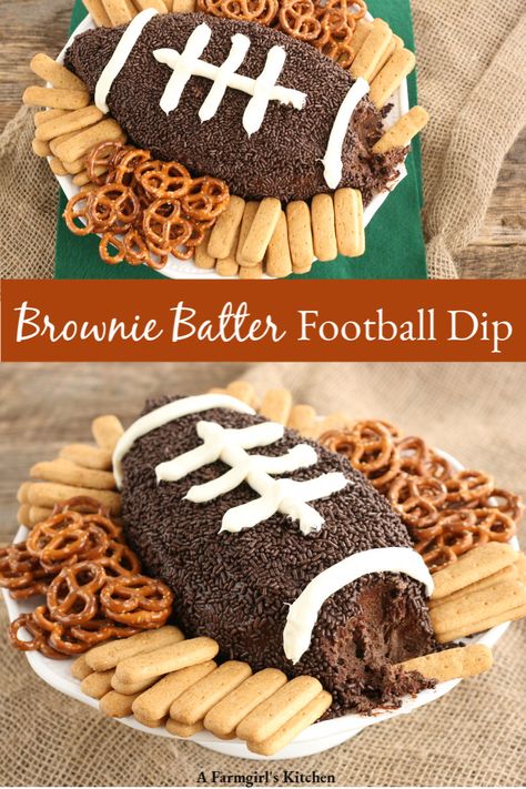 Brownie Batter Football Dip is perfect for your football party. Easy to make with store bought ingredients and so yummy!   #tailgating #football #chocolate #browniebatter #homemade #brownies #dip #appetizer #desserts Dessert For A Football Team, Desserts For Football Games, Football Themes Birthday Party, Superbowl Sunday Desserts, Superbowl Desert Board, Football Baking Ideas, Chiefs Game Day Food, Sweet Football Snacks, Super Bowl Treats Dessert Recipes