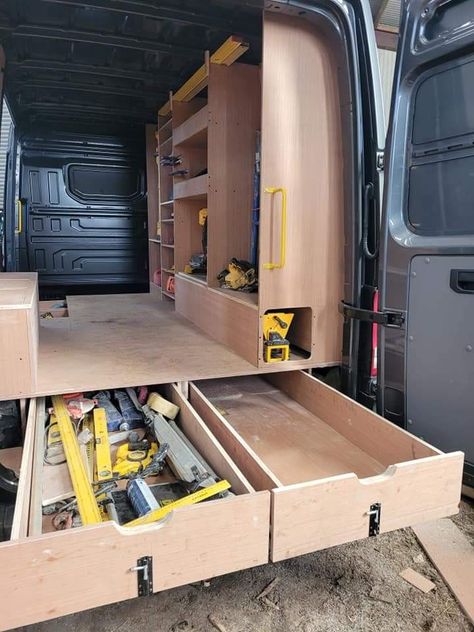 Tool Storage In Van, Construction Van Setup, Van Organization Construction, Work Van Pull Out Storage, Cargo Van Storage Ideas, Van Tool Storage Ideas, Van Tool Storage, Van Storage Ideas Tools, Work Van Organization Ideas