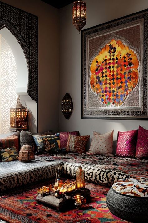 Add modern Moroccan decor elements for a rich and vibrant look. #MoroccanDecor #ModernStyle #BoldInteriors Moroccan Theme Decor, Modern Moroccan Interior Design, Modern Moroccan Decor, Moroccan Interior Design, Moroccan Aesthetic, Moroccan Living Room, Moroccan Home Decor, Moroccan Interiors, Moroccan Homes