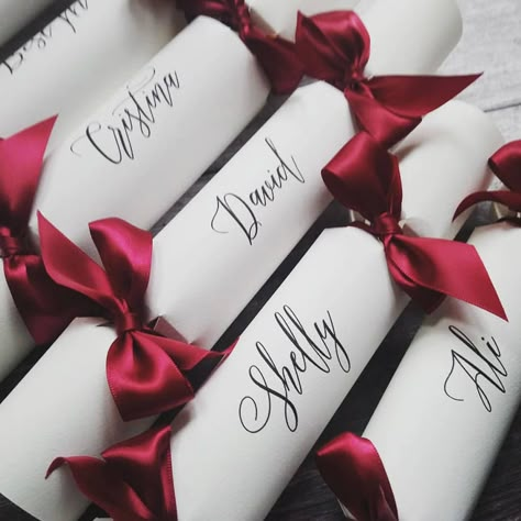 Wedding Favour Or Place Name Crackers Elegant Script Wedding Favours Luxury, Wedding December, Handmade Wedding Favours, Mini Envelopes, Paper Hat, Winter Wedding Ideas, Christmas Crackers, Wedding Boxes, Place Names